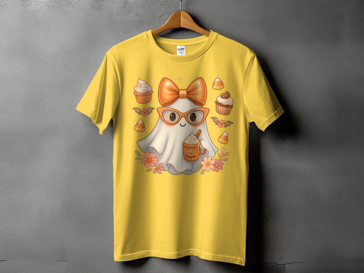 Yellow t-shirt with ghost graphic holding a pumpkin spice latte.
