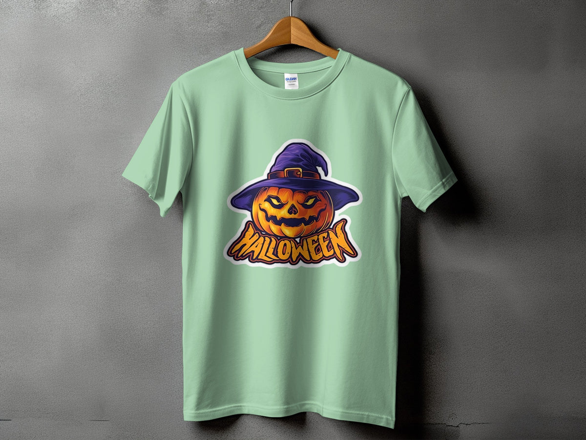 Light mint green t-shirt with a spooky jack-o'-lantern wearing a witch hat and the word "Halloween".