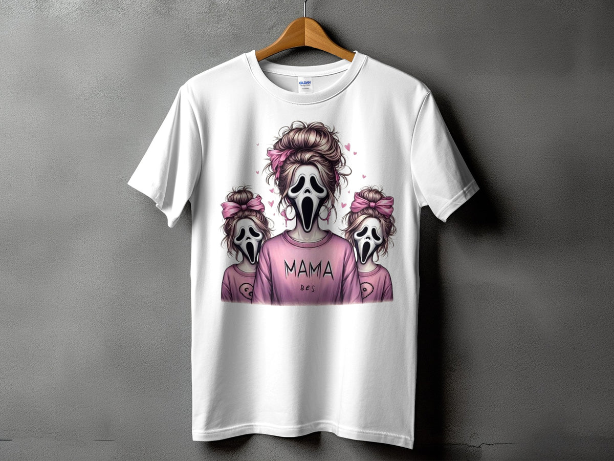 White t-shirt with three ghost characters, two small and one large, wearing pink shirts.