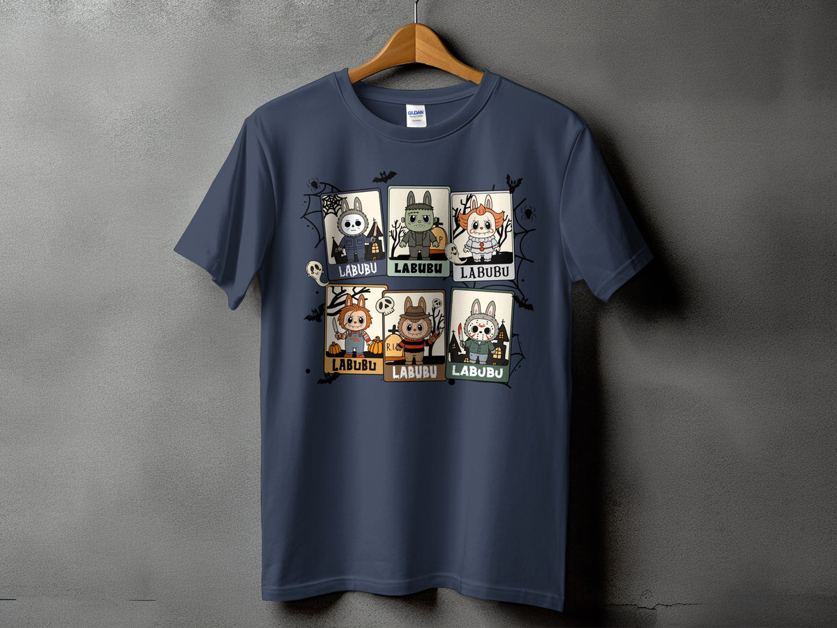 Dark blue t-shirt with six Halloween-themed Labubu character panels.