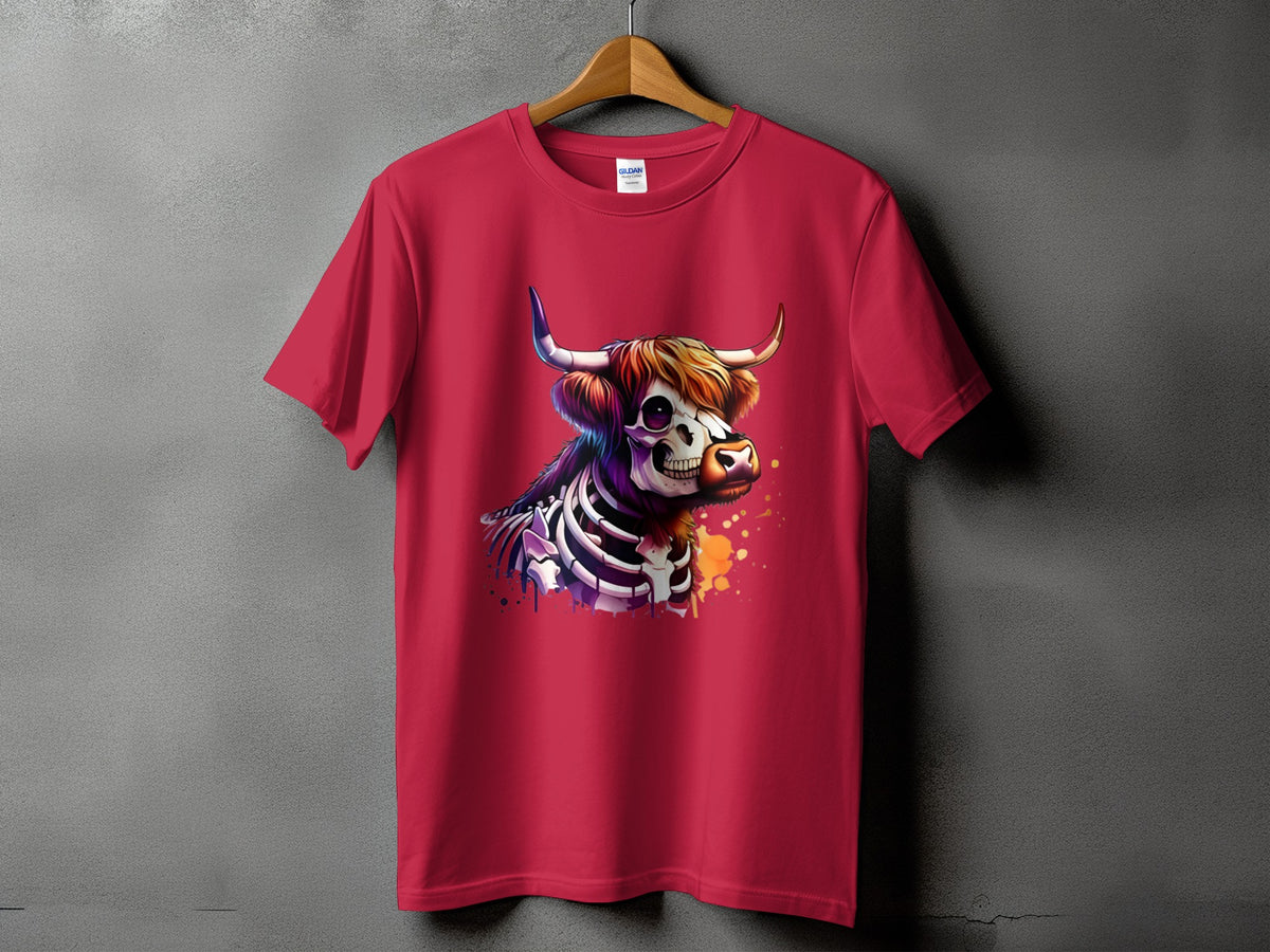 Crimson t-shirt with a skeleton Highland cow graphic and colorful splatter details.