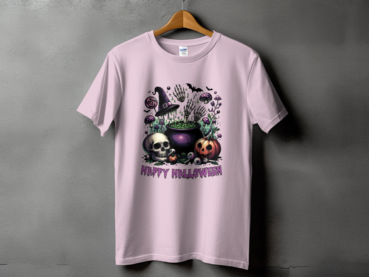Pink t-shirt with Halloween design featuring skull, pumpkin, cauldron, and "Happy Halloween" text.