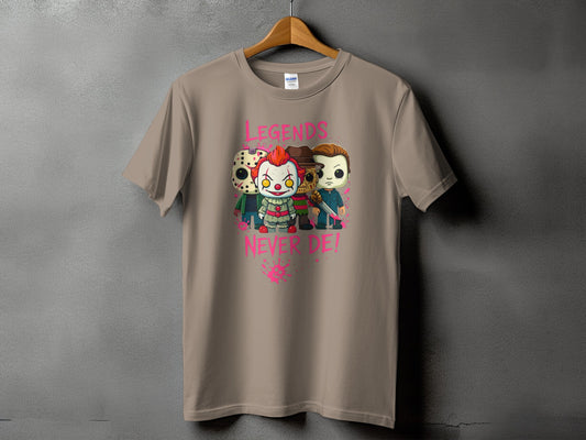 T-shirt with cartoon horror characters, text "LEGENDS NEVER DIE!".