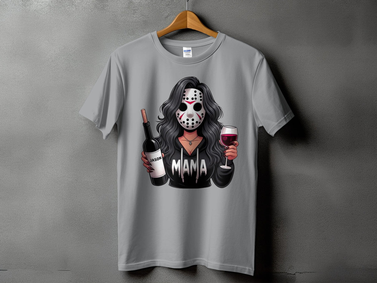 Cartoon woman in Jason mask holds wine bottle labeled "Jason" and glass.