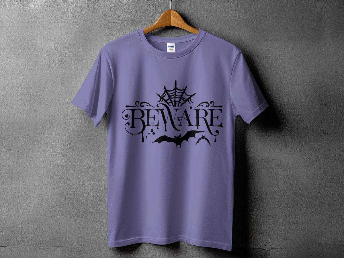 Purple t-shirt with black "Beware" text, spiderweb, and bats design.