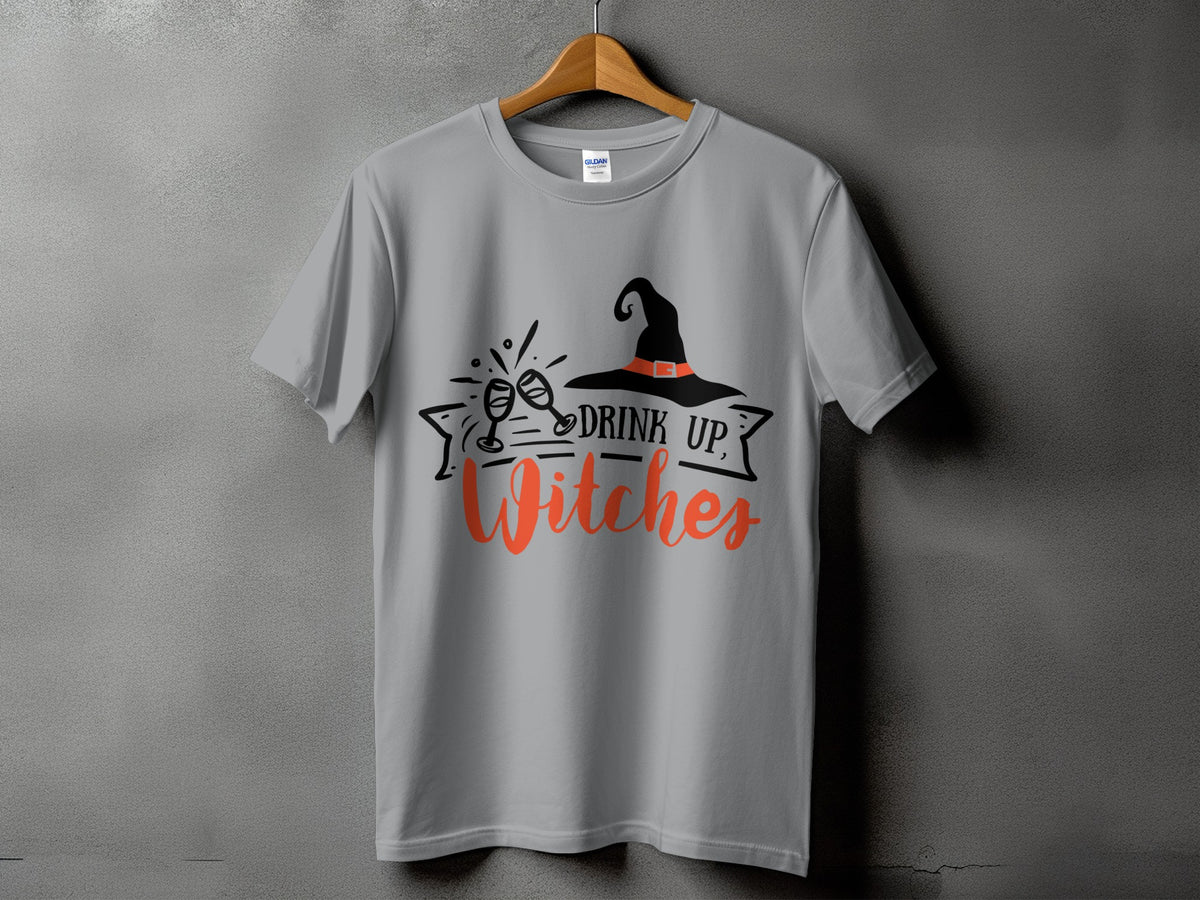 Grey t-shirt with "Drink Up, Witches" Halloween graphic.
