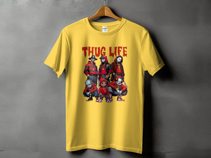 Yellow t-shirt with "THUG LIFE" text and horror characters.