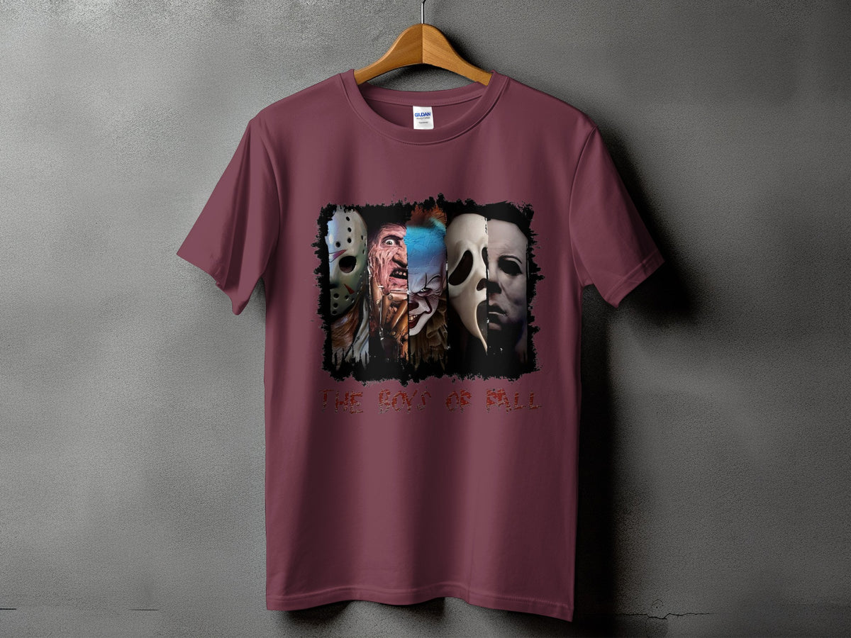 Maroon t-shirt with horror movie characters and "THE BOYS OF FALL" text.