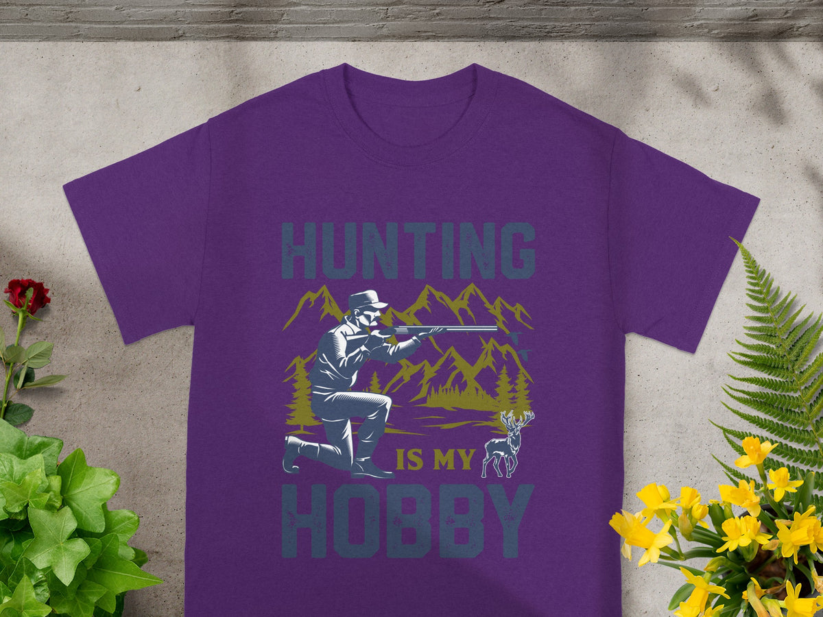 Purple t-shirt with graphic "Hunting Is My Hobby" featuring a hunter.