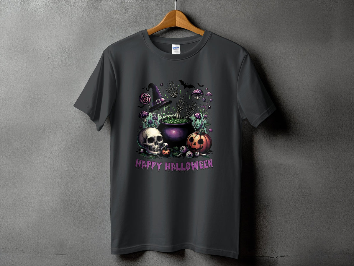 Dark gray t-shirt with Halloween graphic featuring cauldron, skull, pumpkin, and bats.