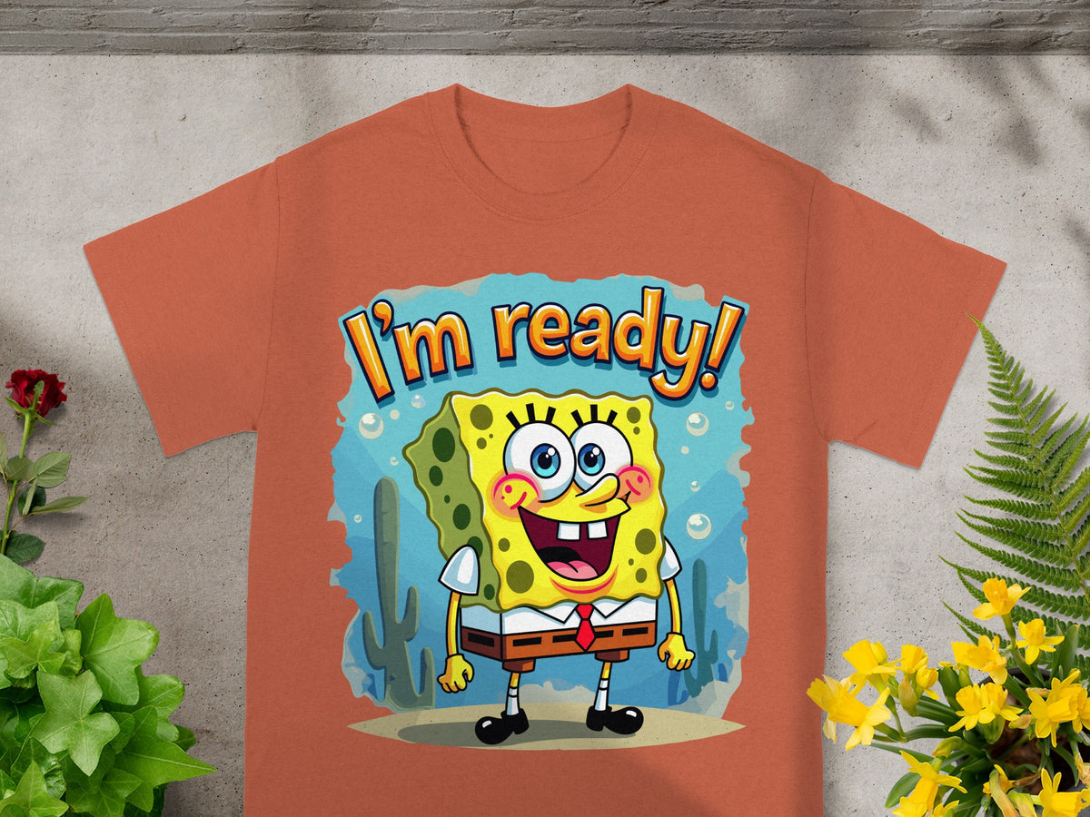 SpongeBob SquarePants shirt with "I'm ready!" text above character.