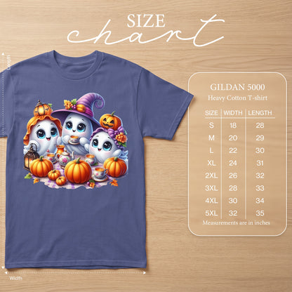 Gildan 5000 Heavy Cotton t-shirt size chart with cute ghosts and pumpkins.