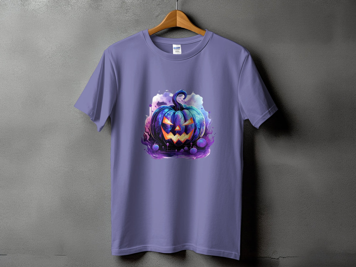 Purple t-shirt with a spooky, colorful jack-o-lantern graphic.