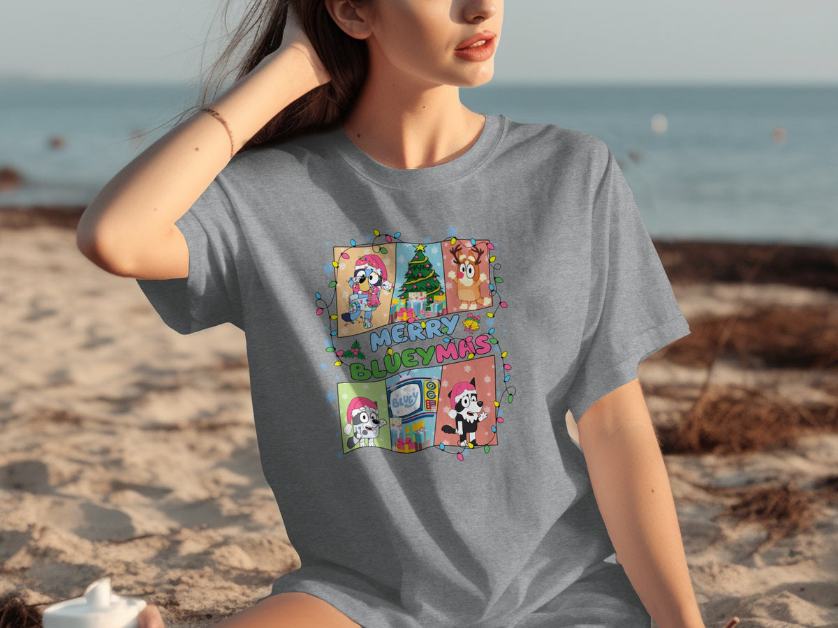 Merry Bluey Christmas Graphic Tee for Holiday Fun