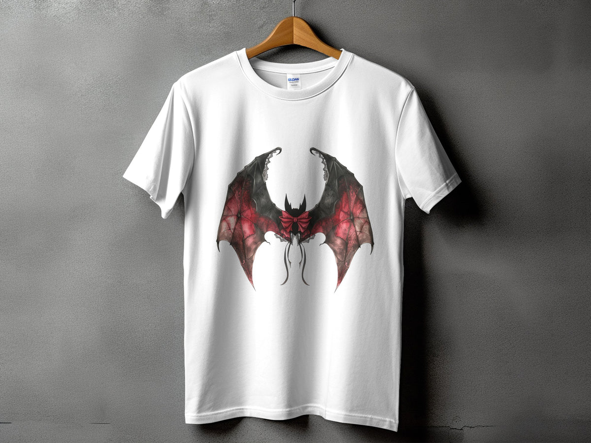 White t-shirt with a gothic bat wing design featuring red accents and a black bow.