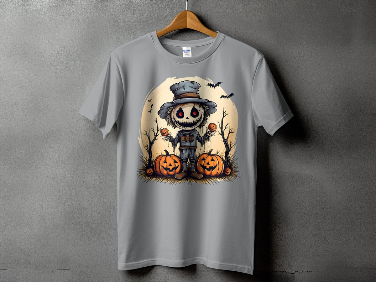 Scarecrow illustration with pumpkins and bats on a gray t-shirt.