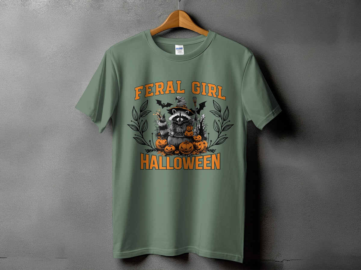 Green t-shirt with "FERAL GIRL HALLOWEEN" text and raccoon graphic.