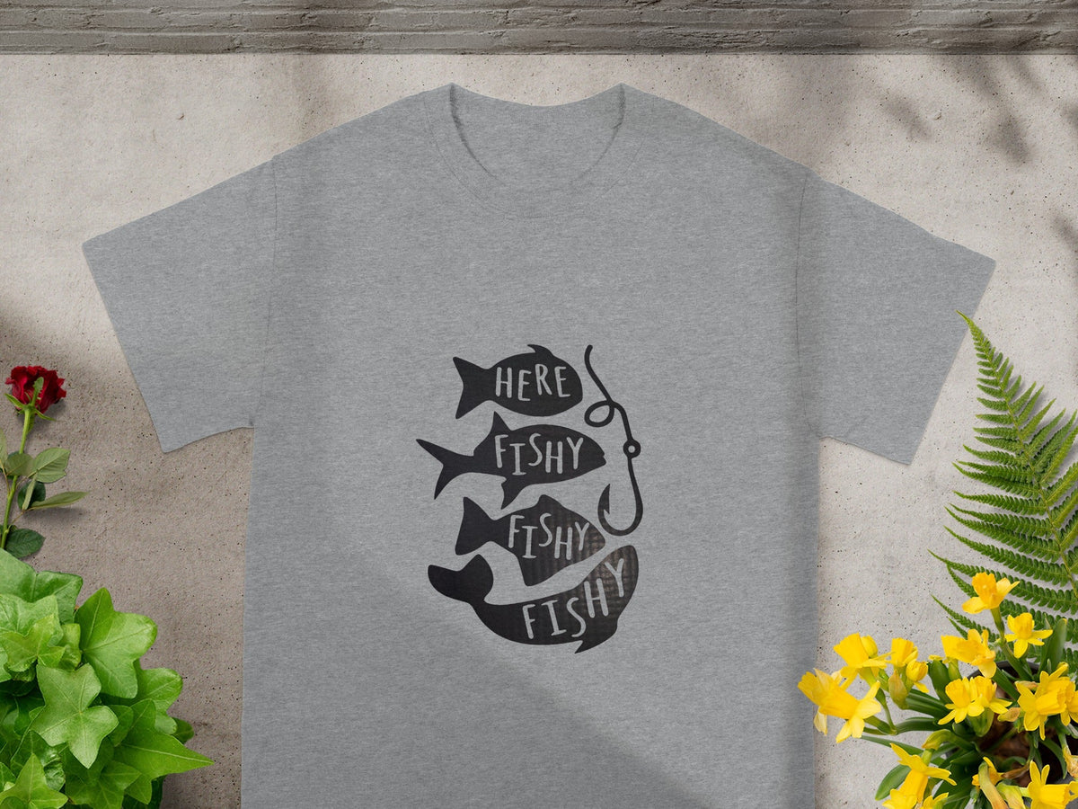 Here Fishy Fishy Fishy Fishing Hook Graphic T-Shirt