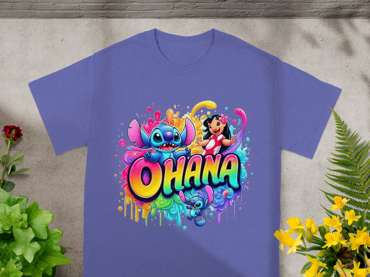 Lilo and Stitch characters with colorful splatter paint on a purple t-shirt.