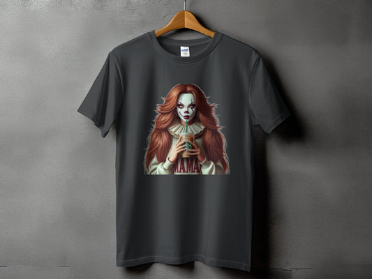 Dark grey t-shirt with a creepy clown character holding a coffee cup, "MAMA" text.