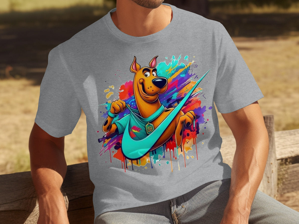 Vibrant Cartoon Dog with Graphical Elements Shirt