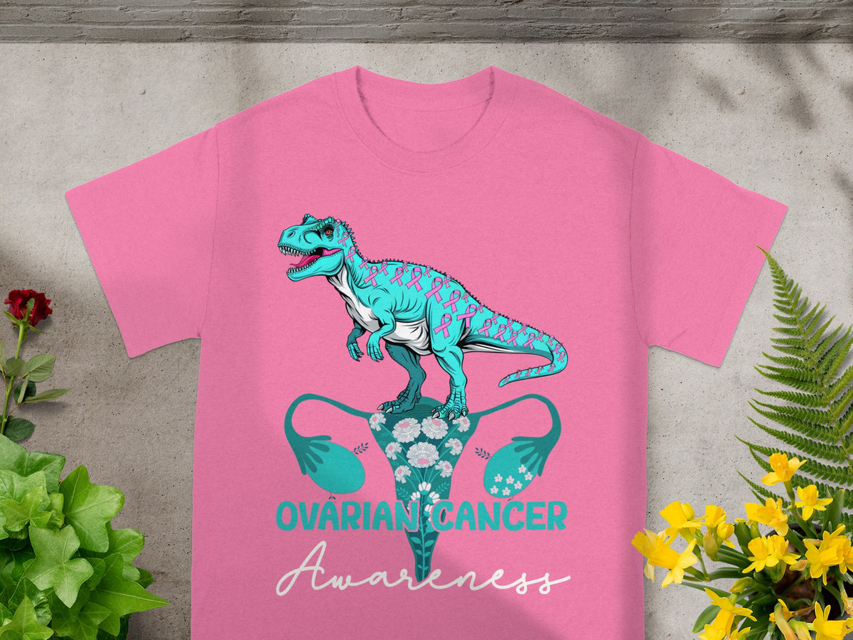 Dinosaur Ovarian Cancer Awareness Pink T-shirt