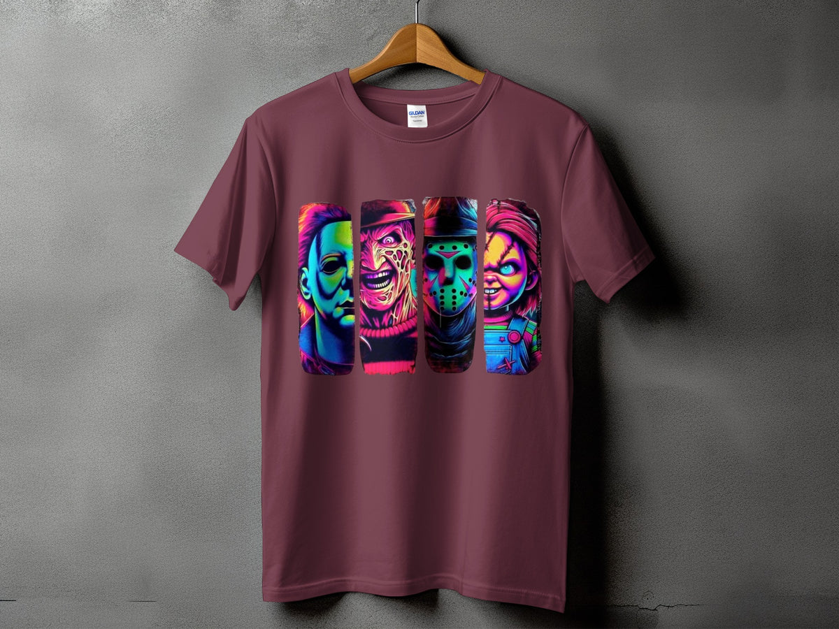 Maroon t-shirt with four horror characters' faces in vibrant neon colors.