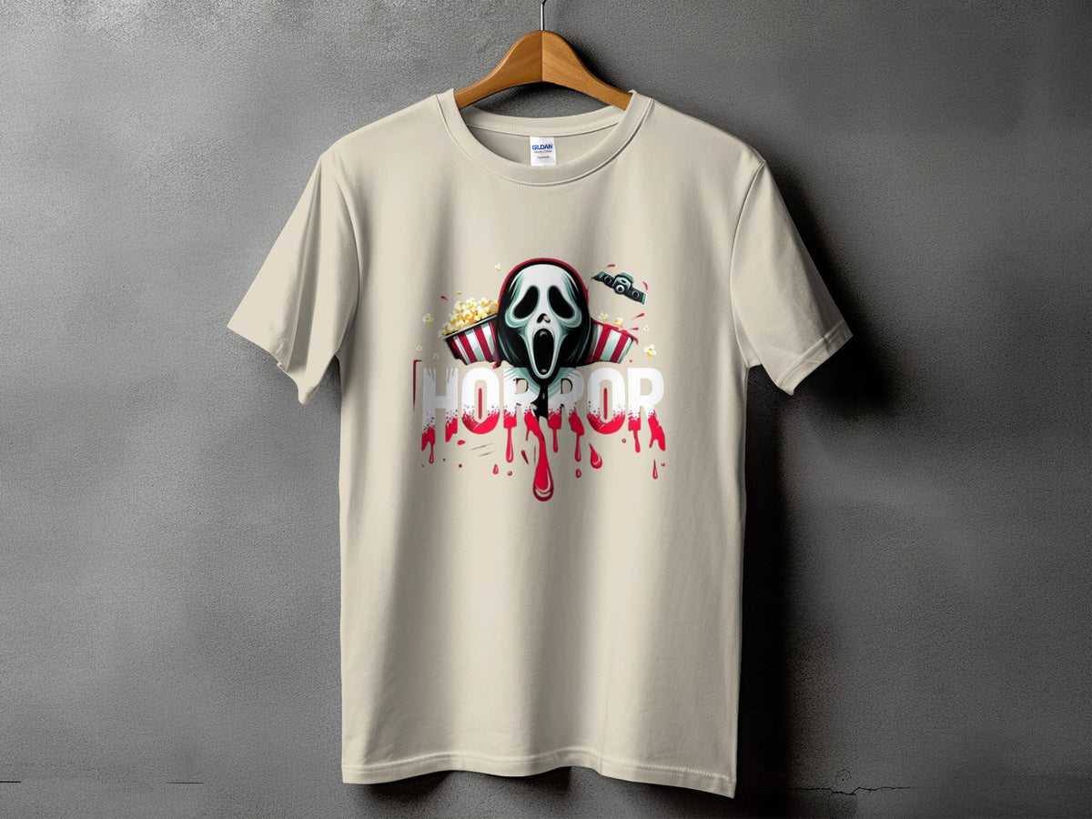Horror t-shirt with scream mask, popcorn, and bloody text.