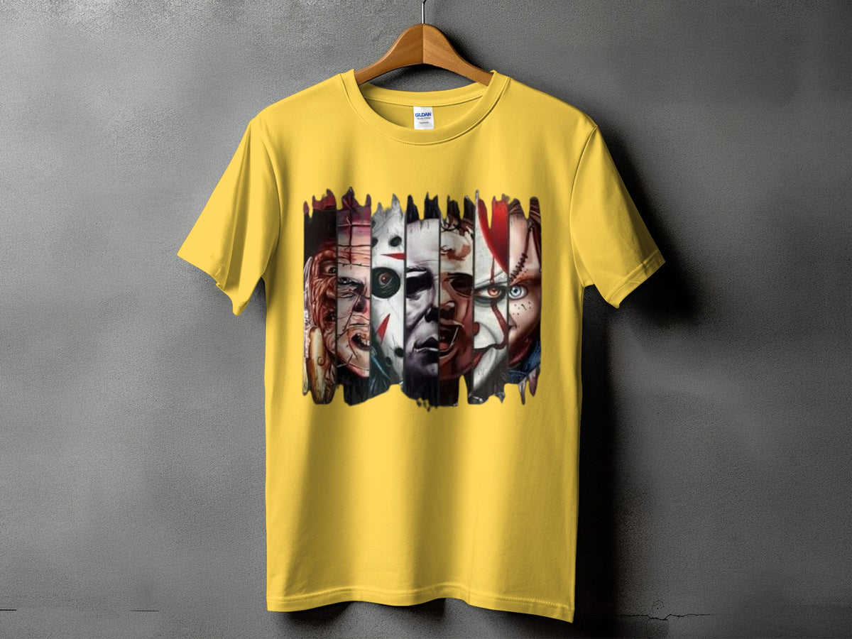 Yellow t-shirt with vertical panels of horror movie characters.