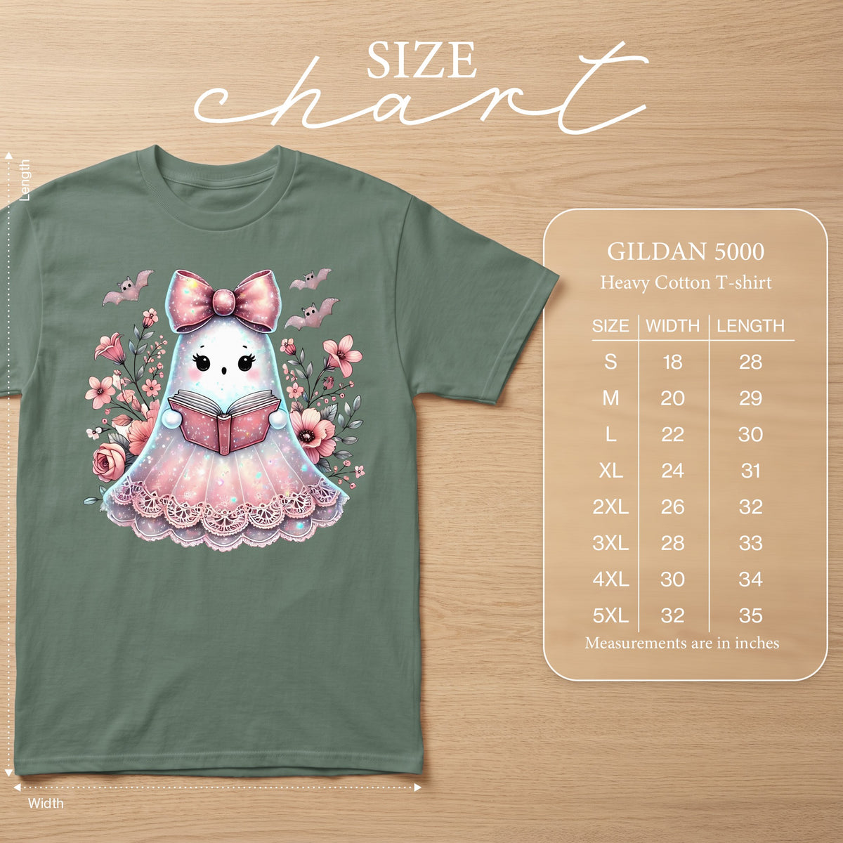 Ghost reading book graphic on green Gildan 5000 heavy cotton t-shirt with size chart.