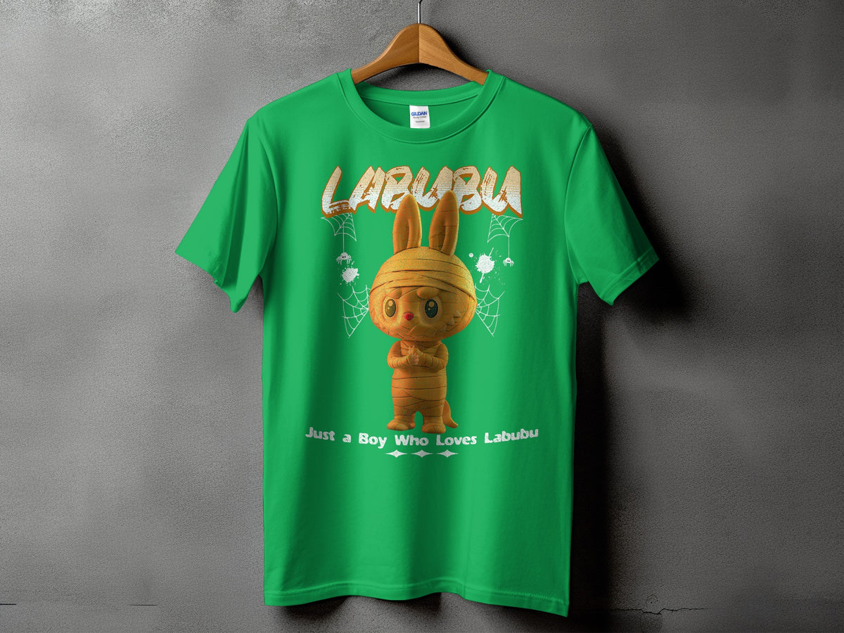 Green t-shirt with a mummy-like Labubu character and text "Just a Boy Who Loves Labubu".