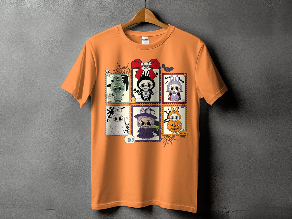 Orange t-shirt with six Halloween-themed stamp-like illustrations of cute characters.
