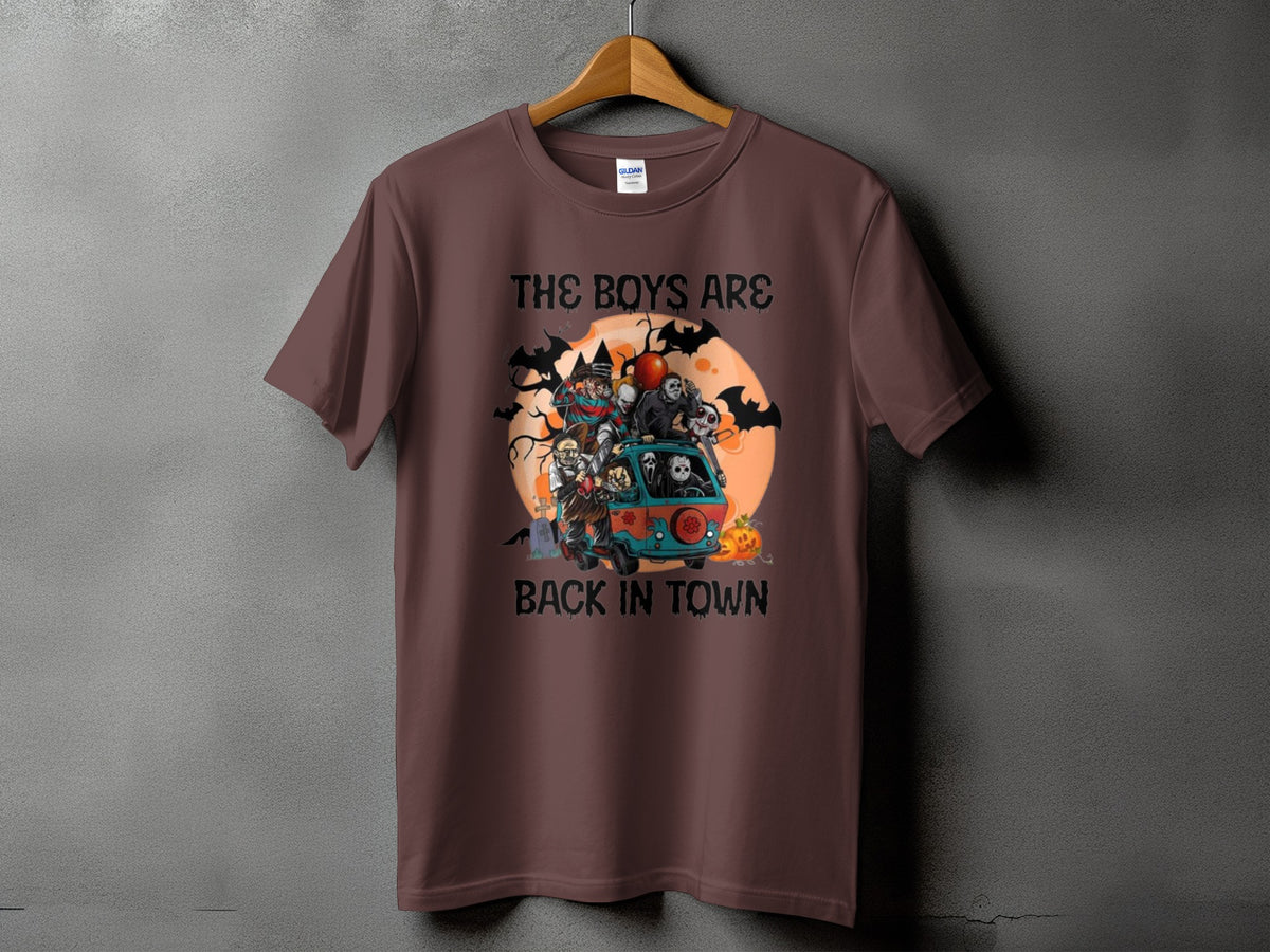 Horror characters in a van with text "The Boys Are Back In Town".