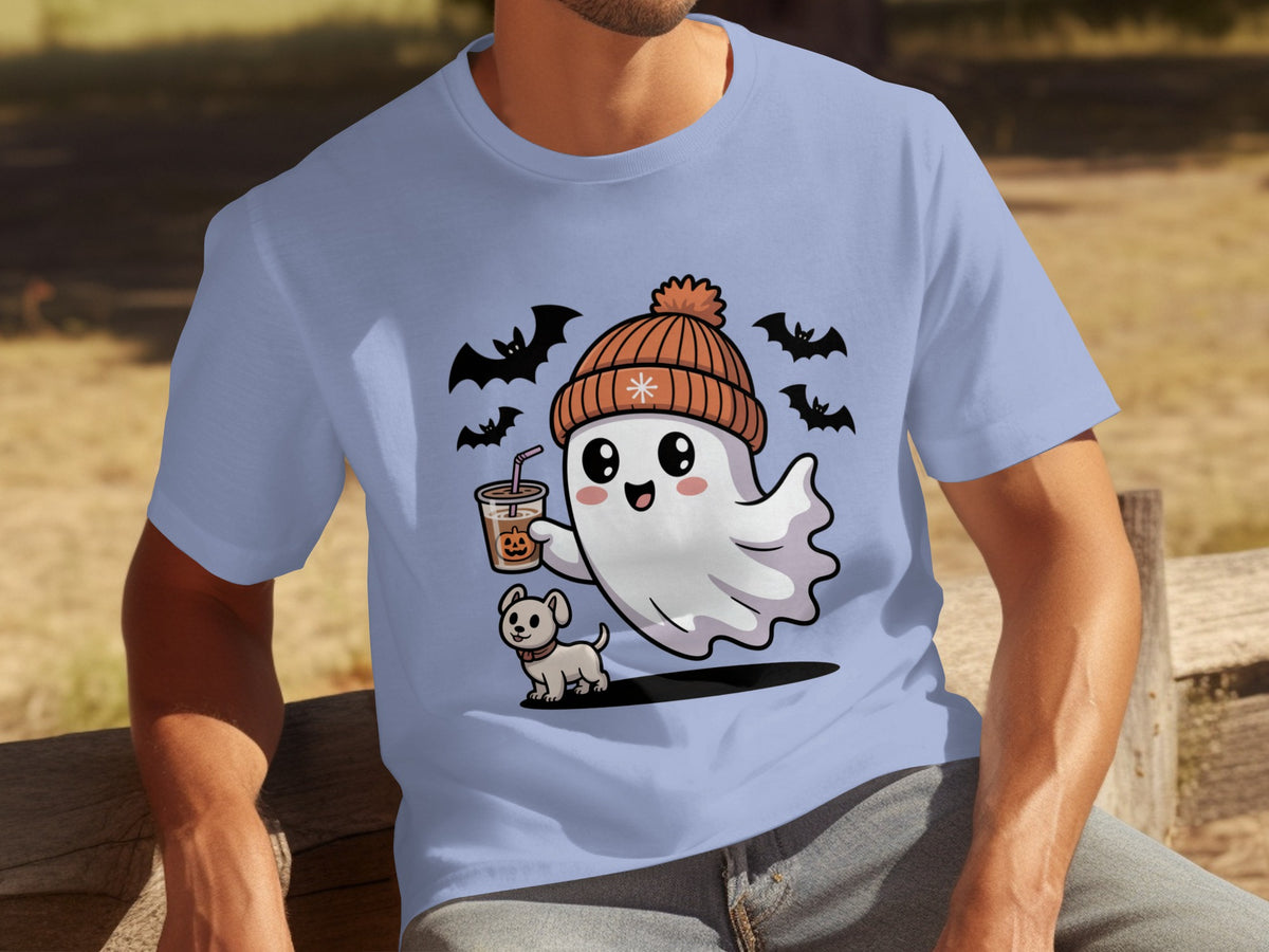 Cute Ghost Drinking Iced Coffee with Dog T-Shirt