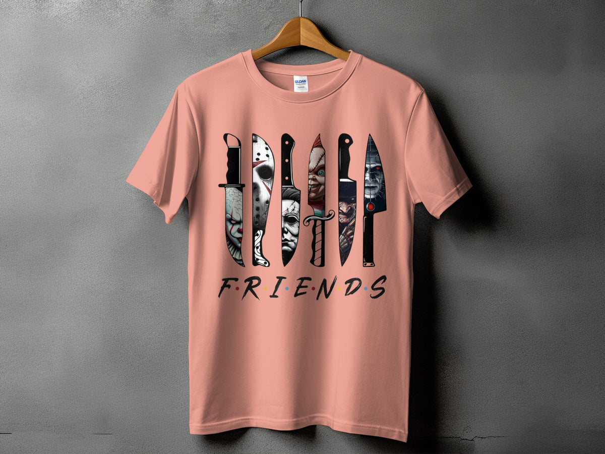 Peach t-shirt with horror movie villains' knives and "FRIENDS" logo.