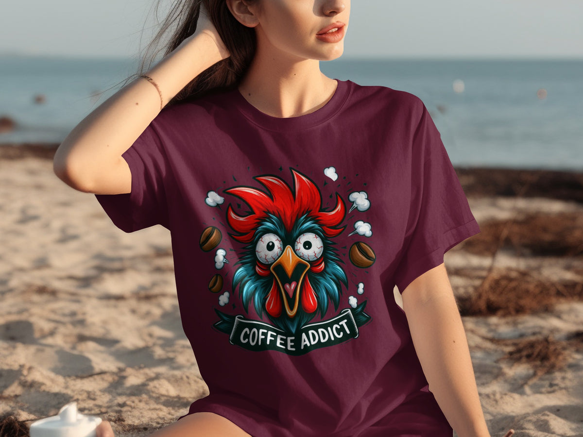 Coffee Addict Funny Rooster Graphic T-Shirt