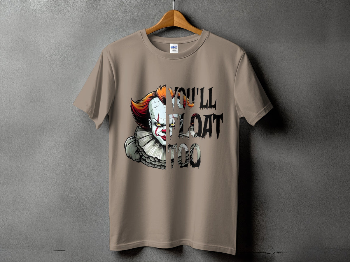 T-shirt with Pennywise the clown graphic and "You'll float too" text.