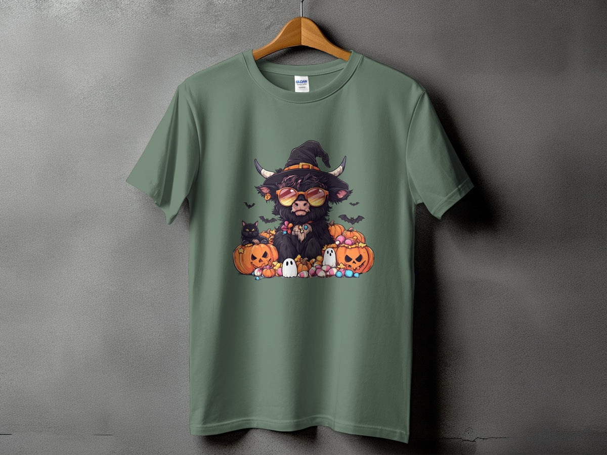 Highland cow in witch hat with pumpkins and ghosts on a t-shirt.