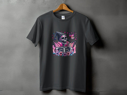 Skeleton with butterfly wings and flowers on a gray t-shirt.