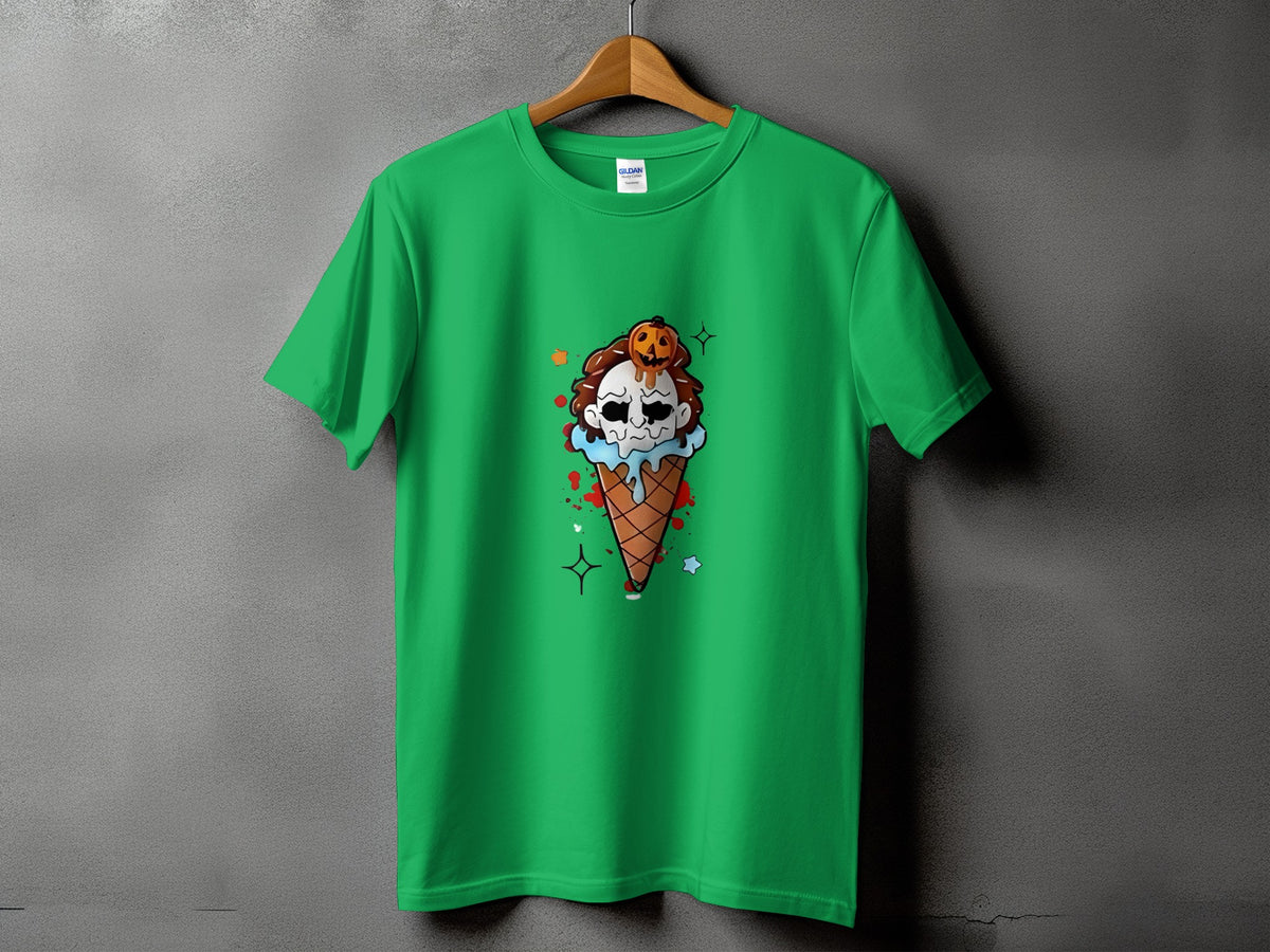 Green t-shirt with a spooky ice cream cone graphic featuring a skull and pumpkin.