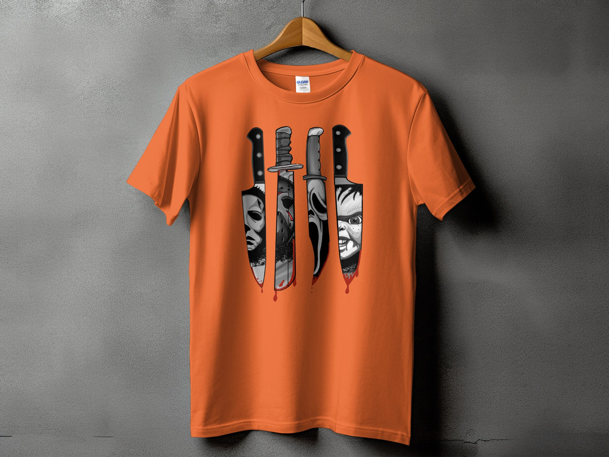Orange t-shirt with graphic of four horror movie knives with bloody drips.