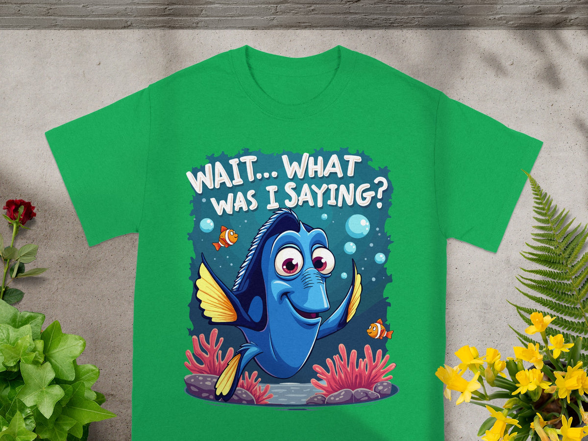 Dory from Finding Dory t-shirt with "WAIT... WHAT WAS I SAYING?" text.