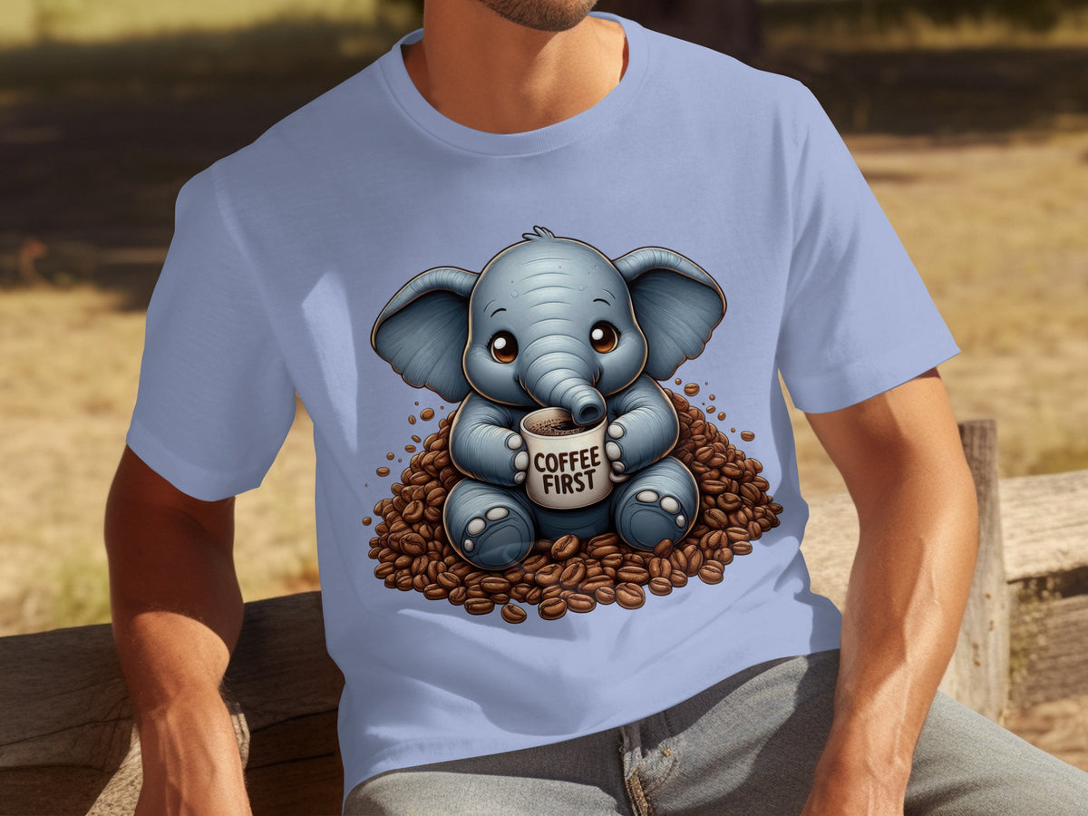 Cute Elephant with Coffee First T-Shirt for Coffee Lovers