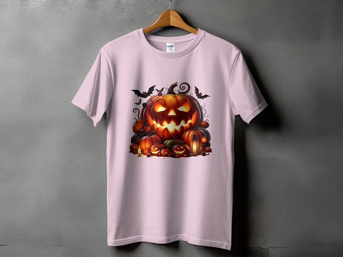 Light pink t-shirt with a Halloween jack-o'-lantern and pumpkin graphic.