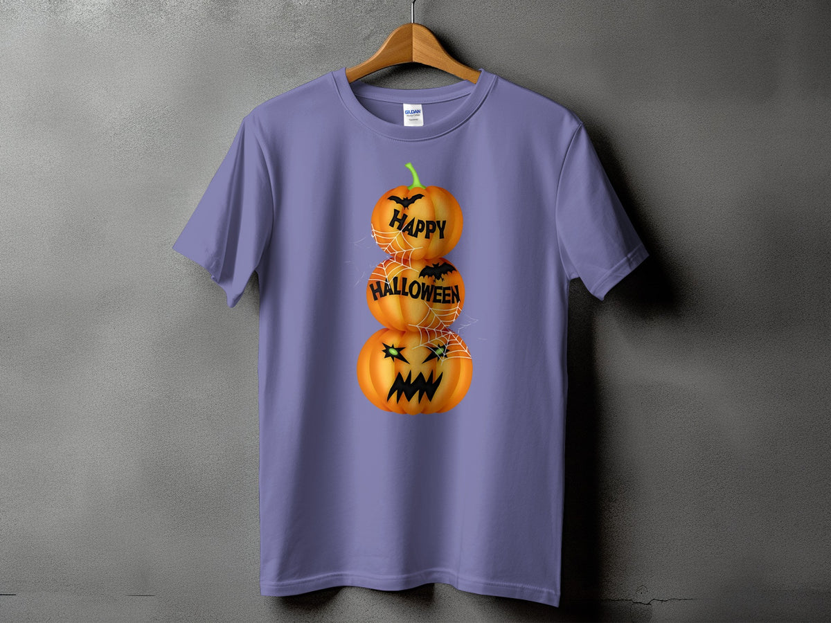 Purple t-shirt with stacked Halloween pumpkins and bats graphic.