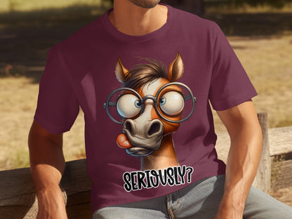 Funny Cartoon Horse Seriously Printed Purple T-shirt