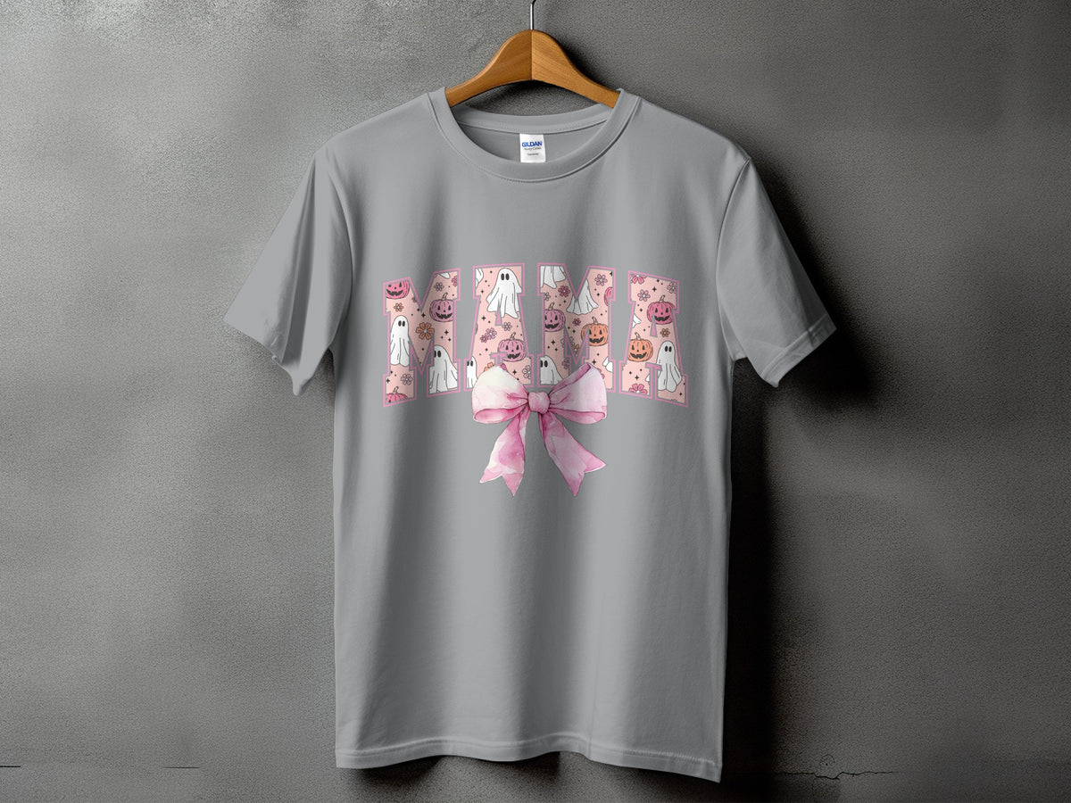 Gray t-shirt with "Mimi" text filled with ghosts and pumpkins, and a pink bow.
