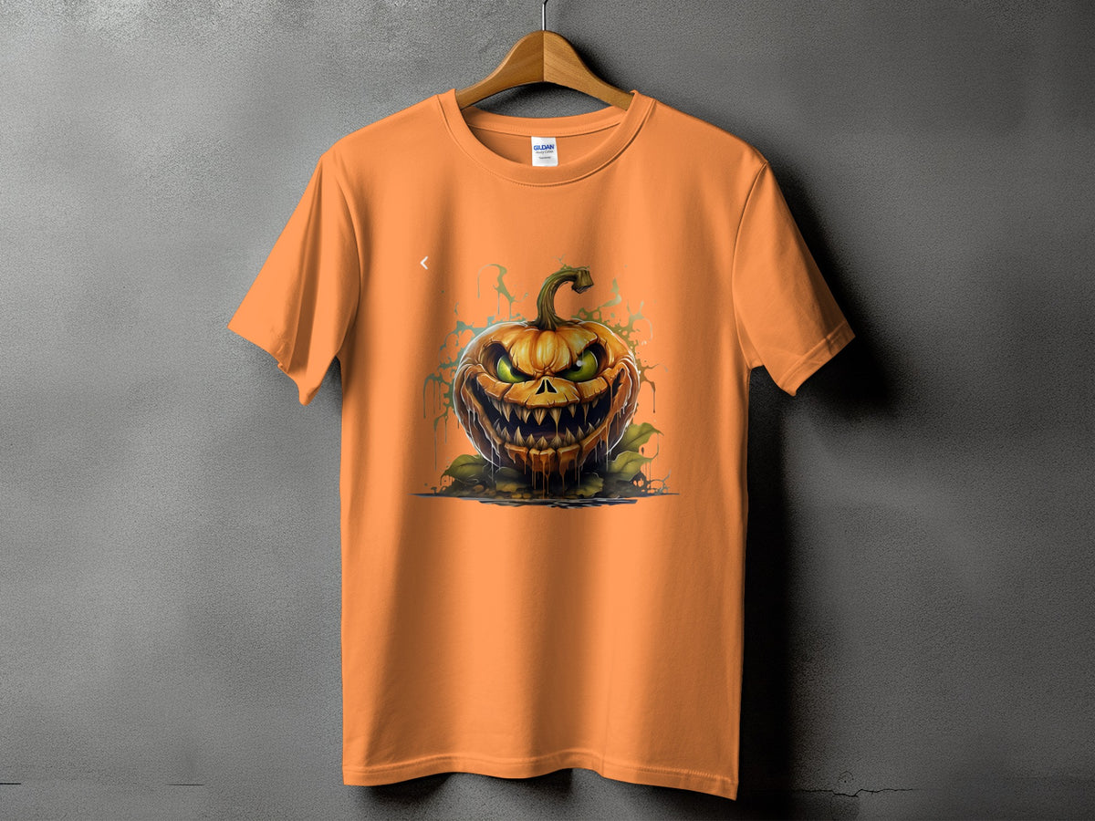 Orange t-shirt with a detailed, scary Jack-o-lantern graphic.