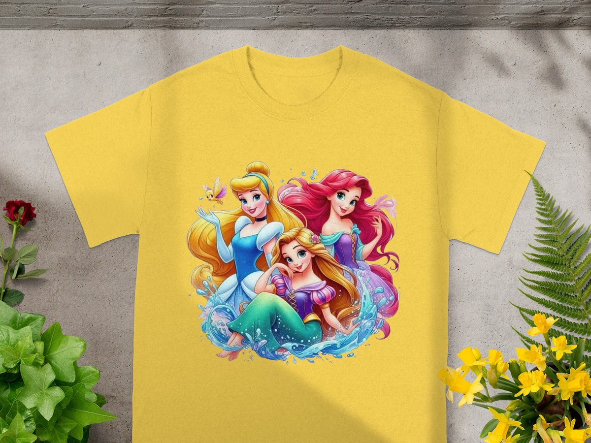 Yellow t-shirt featuring cartoon illustration of Disney princesses Ariel, Cinderella, and Aurora.