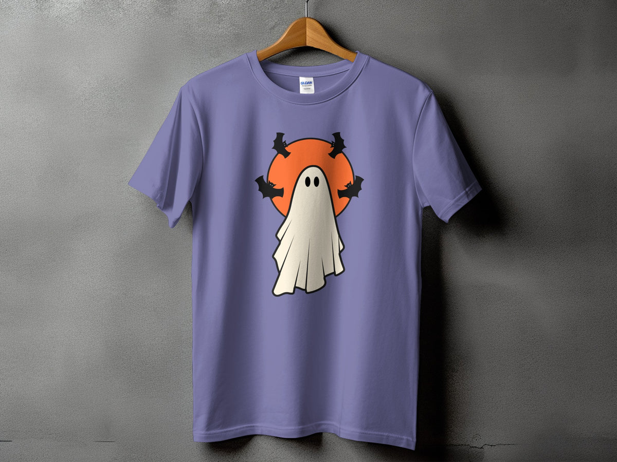 Purple t-shirt with a cartoon ghost and bats on an orange circle.